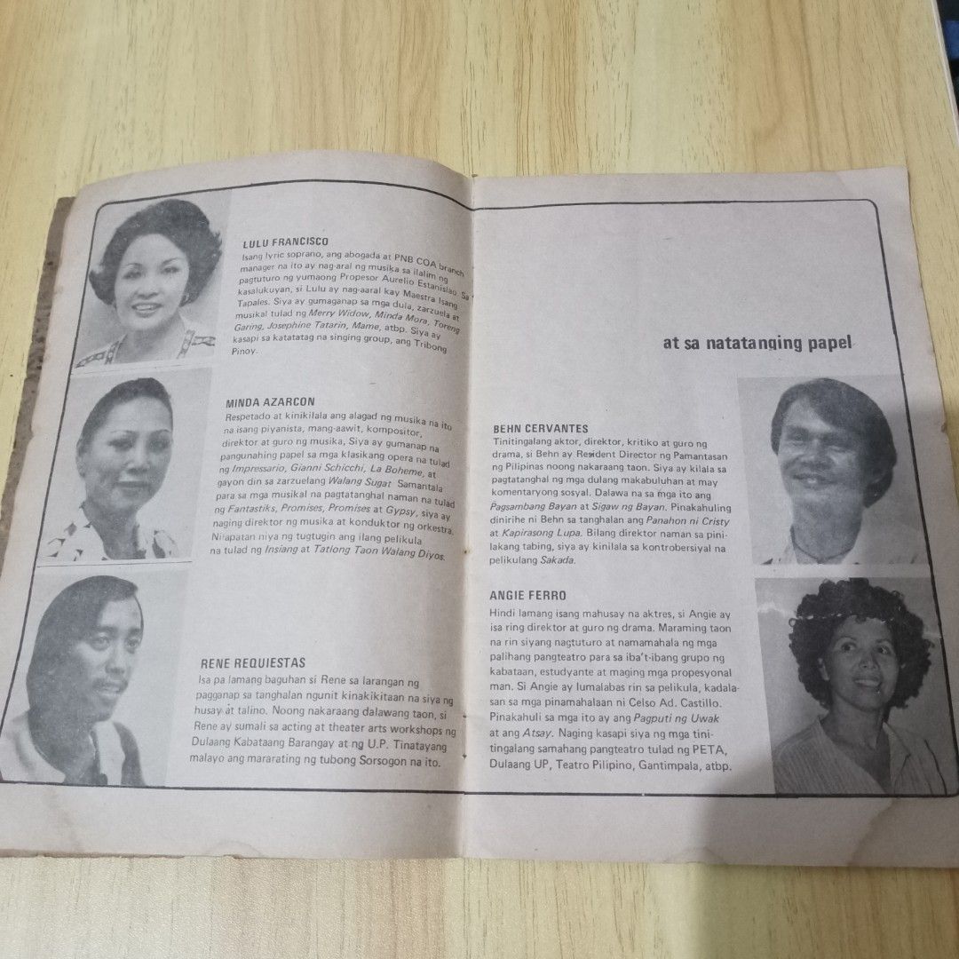 VINTAGE 1978 Theater Booklet (Category: Storybooks) located in Quezon City. Submitted by niqcb (Listing ID 1372798338, Image 3). Description: Rare 1978 Theater Booklet of Ang Palabas Bukas on the Manila Metropolitan Theater Rare images of figures such as Imelda Marcos, Behn Cervantes, Angie Ferro, and a young Rene Requiestas Heavily damaged (see image), handle with care Location: Tandang Sora, Quezon City.