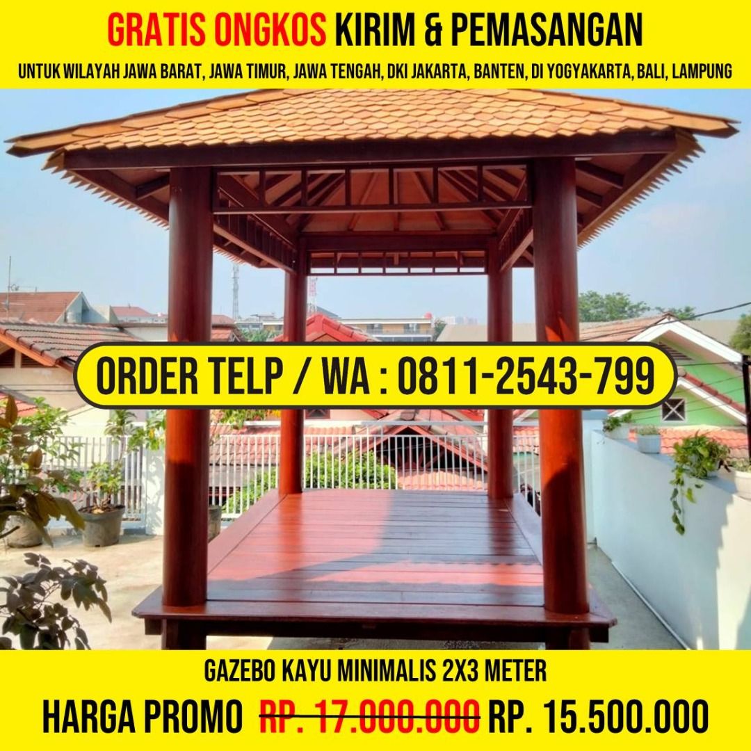 WA : 0811-2543-799, Gazebo Atap Sirap Ulin 2x3, Blitar (Kategori: Furnitur Antik) berada di Jakarta Barat. Dikirim oleh jenabijaya90309 (ID iklan 1372796400, Gambar 3). Deskripsi: HP/WA: 0811-2543-799, Kami Adalah Produsen Gazebo Kayu, Rumah Kayu, Gazebo Minimalis, Rumah Kayu Minimalis, Gazebo Murah, Rumah Kayu Modern, Gazebo Taman, Gazebo Jepara, Gazebo Gardens, Rumah Kayu Knockdown. Detail Produk : * Bahan Kayu Berkualitas * Ukuran Bisa Custom 