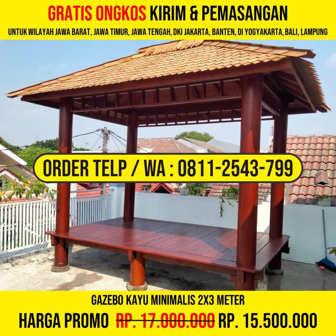WA : 0811-2543-799, Gazebo Atap Sirap Ulin 2x3, Blitar (Kategori: Furnitur Antik) berada di Jakarta Barat. Dikirim oleh jenabijaya90309 (ID iklan 1372796400, Gambar 2). Deskripsi: HP/WA: 0811-2543-799, Kami Adalah Produsen Gazebo Kayu, Rumah Kayu, Gazebo Minimalis, Rumah Kayu Minimalis, Gazebo Murah, Rumah Kayu Modern, Gazebo Taman, Gazebo Jepara, Gazebo Gardens, Rumah Kayu Knockdown. Detail Produk : * Bahan Kayu Berkualitas * Ukuran Bisa Custom 