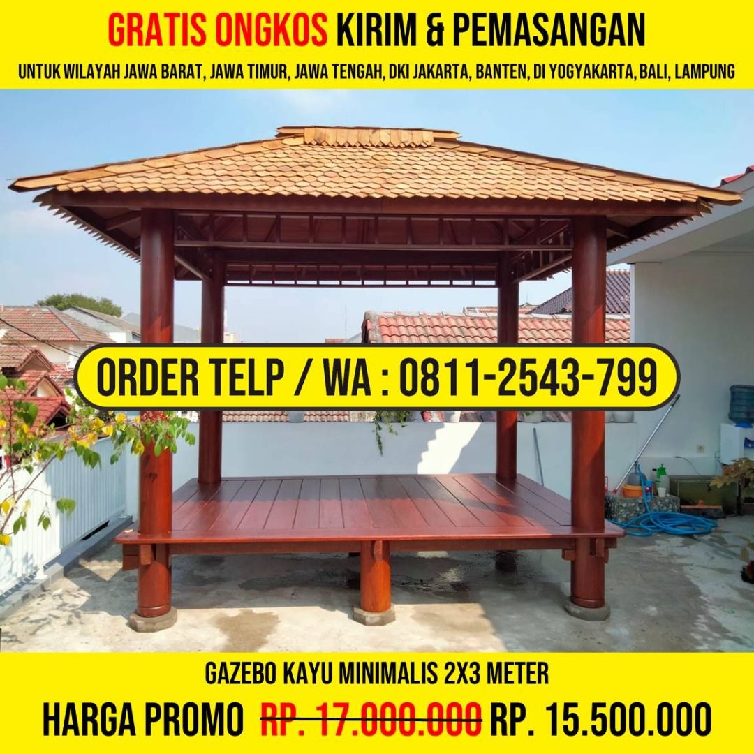 WA : 0811-2543-799, Gazebo Atap Sirap Ulin 2x3, Blitar (Kategori: Furnitur Antik) berada di Jakarta Barat. Dikirim oleh jenabijaya90309 (ID iklan 1372796400, Gambar 1). Deskripsi: HP/WA: 0811-2543-799, Kami Adalah Produsen Gazebo Kayu, Rumah Kayu, Gazebo Minimalis, Rumah Kayu Minimalis, Gazebo Murah, Rumah Kayu Modern, Gazebo Taman, Gazebo Jepara, Gazebo Gardens, Rumah Kayu Knockdown. Detail Produk : * Bahan Kayu Berkualitas * Ukuran Bisa Custom 