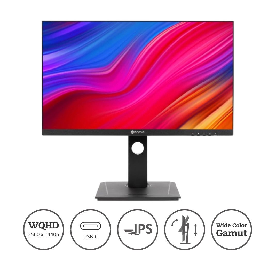 AG NEOVO EM2401QC Monitor (Category: Monitor Screens) located in Singapore. Submitted by lachmienterprise (Listing ID 1377808689, Image 1). Description: WQHD 1440p Resolution with 16:9 aspect ratio • USB Type C one-cable connectivity provides up to 65W charging power, video, audio and data transmission • Full function ergonomic stand, including -5°~20° tilt, 45° swivel, 90° pivot and 120mm height adjustment • IPS-panel ensures the images to be cl