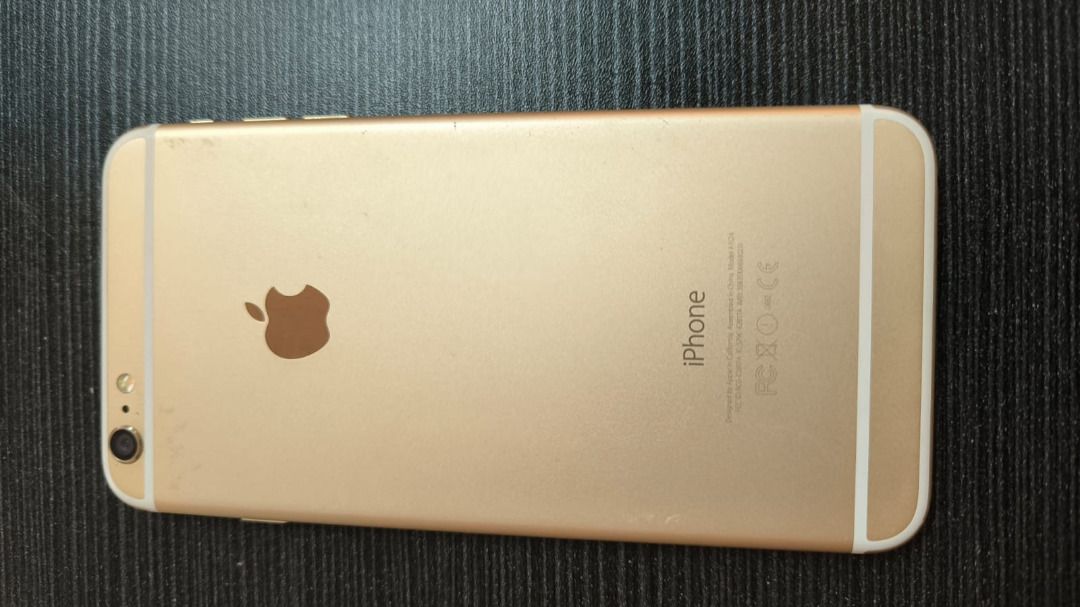 (Category: iPhone 6 Series) located in Singapore. Submitted by aldrich76 (Listing ID 1377806993, Image 3). Description: Selling a used Apple iPhone 6 Plus in gold. Comes with original box, earphones, and a black phone case. The phone is in good working condition. Had its battery replaced with a top rated one, usually can last few weeks when phone is idle. Minor cosmetic wear and tear is visible. Display shows 2 streaks when screen is displaying w