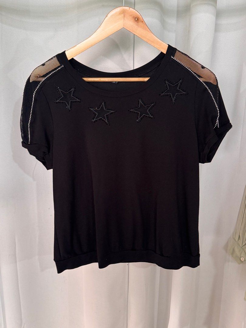Cotton black shirt (Category: Blouses) located in Quezon City. Submitted by leafymix (Listing ID 1377818677, Image 2). Description: Black top Mesh star desigb Up to Large Cotton .