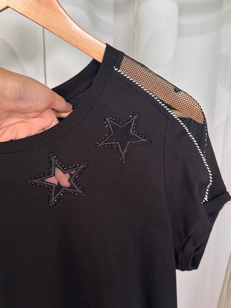 Cotton black shirt (Category: Blouses) located in Quezon City. Submitted by leafymix (Listing ID 1377818677, Image 1). Description: Black top Mesh star desigb Up to Large Cotton .