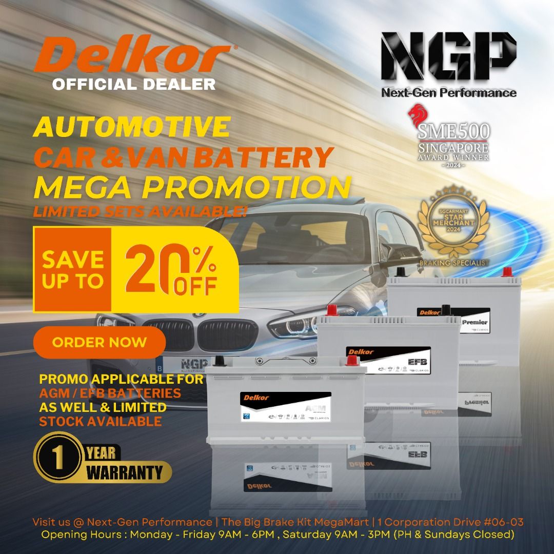 Delkor Battery Mid Year Promotion Official Original , BMW , MERCS , AUDI , VOLKSWAGEN, TOYOTA , HONDA , MITSUBISHI , NISSAN , BREMBO , AP-RACING , AGM BATTERY , EFB BATTERY (Category: Car Workshops & Services) located in Singapore. Submitted by next-genperformance (Listing ID 1330868214, Image 1). Description: 🚗🔋 𝐏𝐨𝐰𝐞𝐫 𝐔𝐩 𝐰𝐢𝐭𝐡 𝐃𝐞𝐥𝐤𝐨𝐫 𝐁𝐚𝐭𝐭𝐞𝐫𝐢𝐞𝐬! 🔋🚗 Is your vehicle showing signs of a weak battery? Here are some symptom