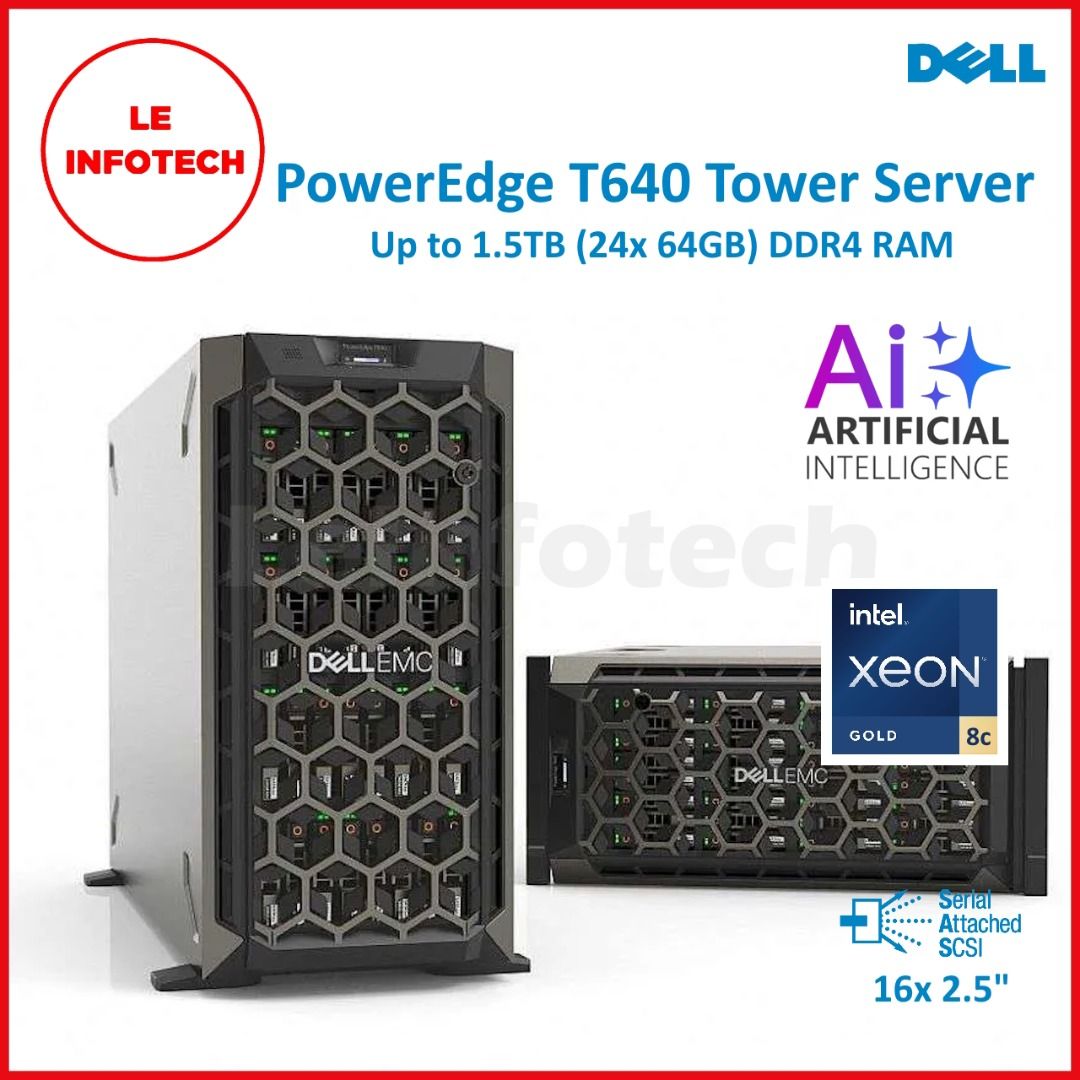 Dell PowerEdge T640 Tower Server Intel Xeon Gold 5217 8-core 3.0GHz RAM 1.5TB DDR4 16x2.5” SFF 2x 1100W PSU Used 90 Days Warranty - LeInfotech (Category: Desktops) located in Singapore. Submitted by leinfotech (Listing ID 1377788777, Image 1). Description: Dell-T640-2x8Core-RAM64GB-SAS4x1.8TB-16SFF $1188 Dell-T640-2x8Core-RAM128GB-SAS4x1.8TB-16SFF $1288 Dell-T640-2x8Core-RAM256GB-SAS4x1.8TB-16SFF $1488 Dell-T640-2x8Core-RAM512GB-SAS4x1.8TB-16SFF 