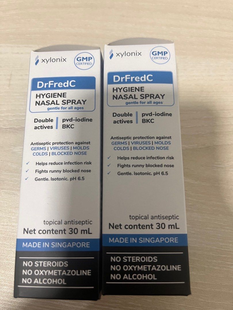 DrFredC Hygiene Nasal Spray - 30ml (Category: Medical Supplies & Tools) located in Singapore. Submitted by triplexiao.pei (Listing ID 1377885751, Image 2). Description: - DrFredC Nasal Spray for all ages. - Contains double pvd-iodine actives and BKC. - Provides antiseptic protection against germs, viruses, and molds. - Helps with blocked and runny noses. - Reduces infection risk. - 30ml bottle. - Expiry Date: 07/08/2026.