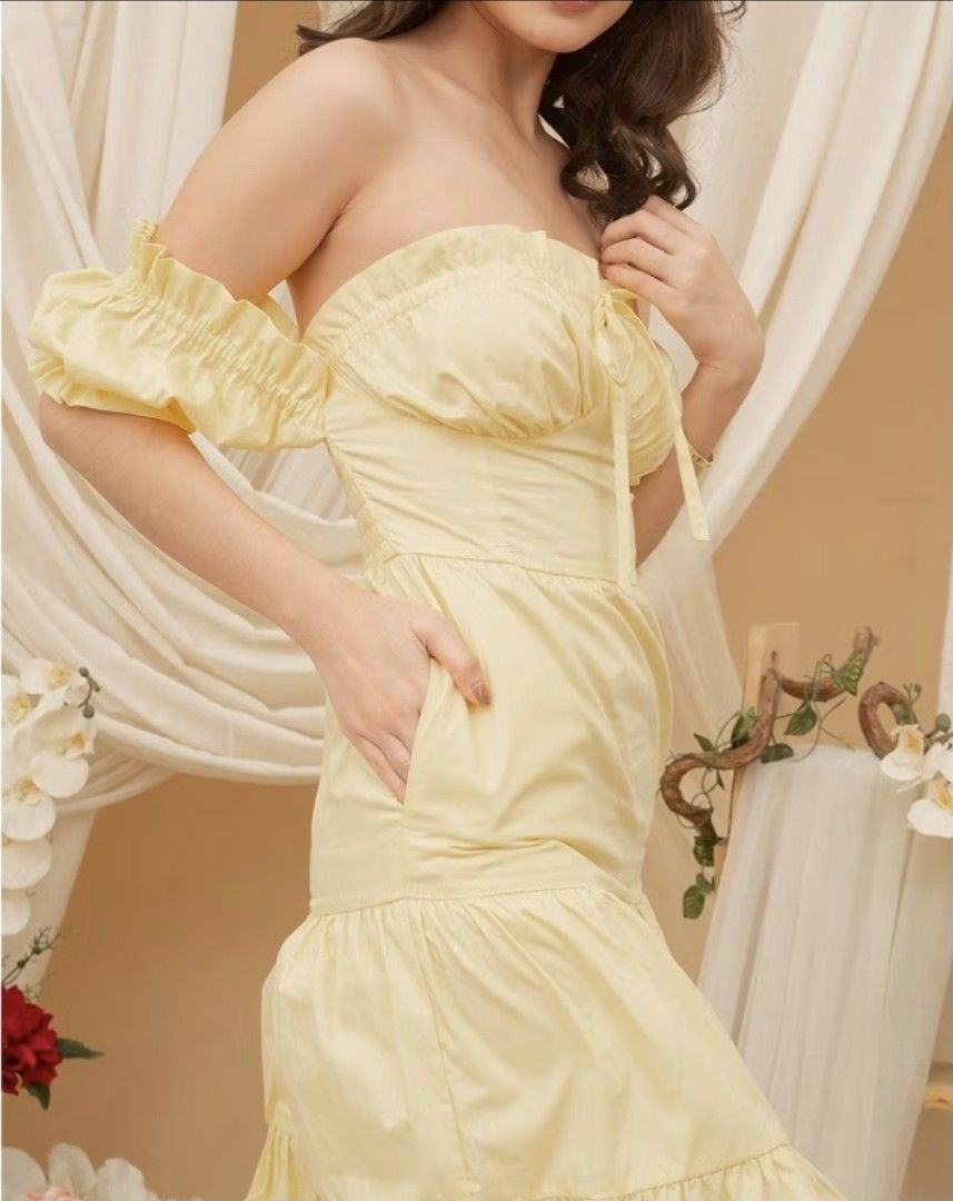 Hey Candy yellow off-shoulder dress (Category: Dresses) located in Tagbilaran City. Submitted by rhea.mia (Listing ID 1377778176, Image 3). Description: Size: XS-S Used once RFS: declutter Bought at 1,799.