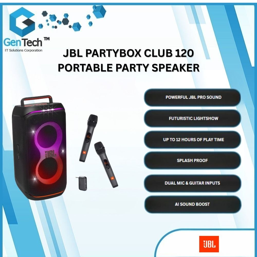 JBL PARTYBOX 120 (Category: Soundbars, Speakers & Amplifiers) located in Quezon City. Submitted by rosegentech (Listing ID 1377844458, Image 1). Description: JBL PARTYBOX 120 Transducers: 2 x 5.25inch(133mm) woofers, 2 x 2.25inch (57mm) tweeters Output power: 160 W RMS (IEC60268) USB charge out: 5V / 2.1A (Max) (speaker off mode) USB format: FAT16, FAT32 Bluetooth® version: 5.4 Bluetooth® profile: A2DP V1.4, AVRCP V1.6 Bluetooth® transmitter freq