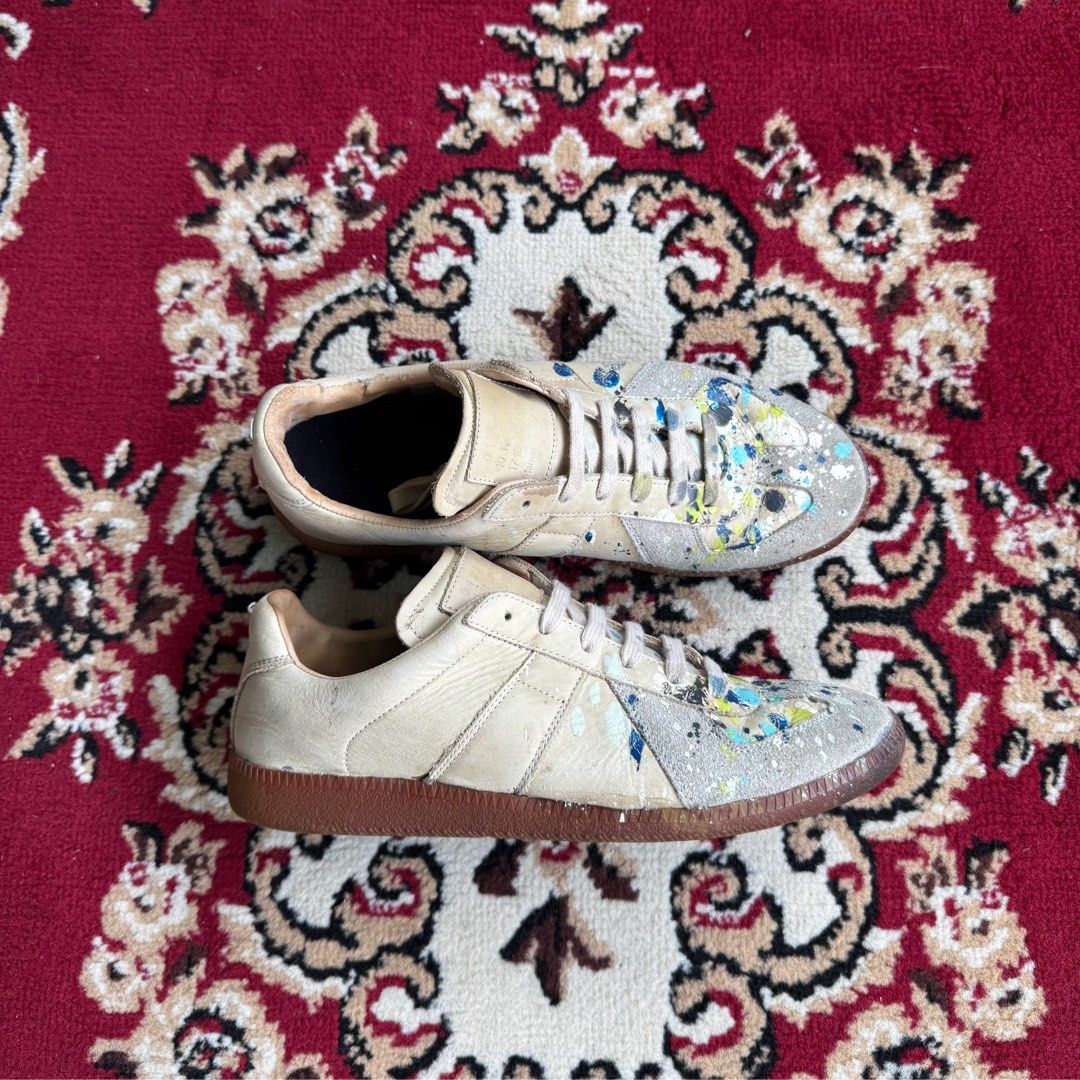 Maison Margiela GATs Paint Splatter Light Brown (Category: Sneakers) located in Quezon City. Submitted by jawnzslayer (Listing ID 1377788549, Image 1). Description: maison margiela gats paint splatter light brown no box, pair only size 40 on tag fits 7-7.5 mens replacement insole worn condition .