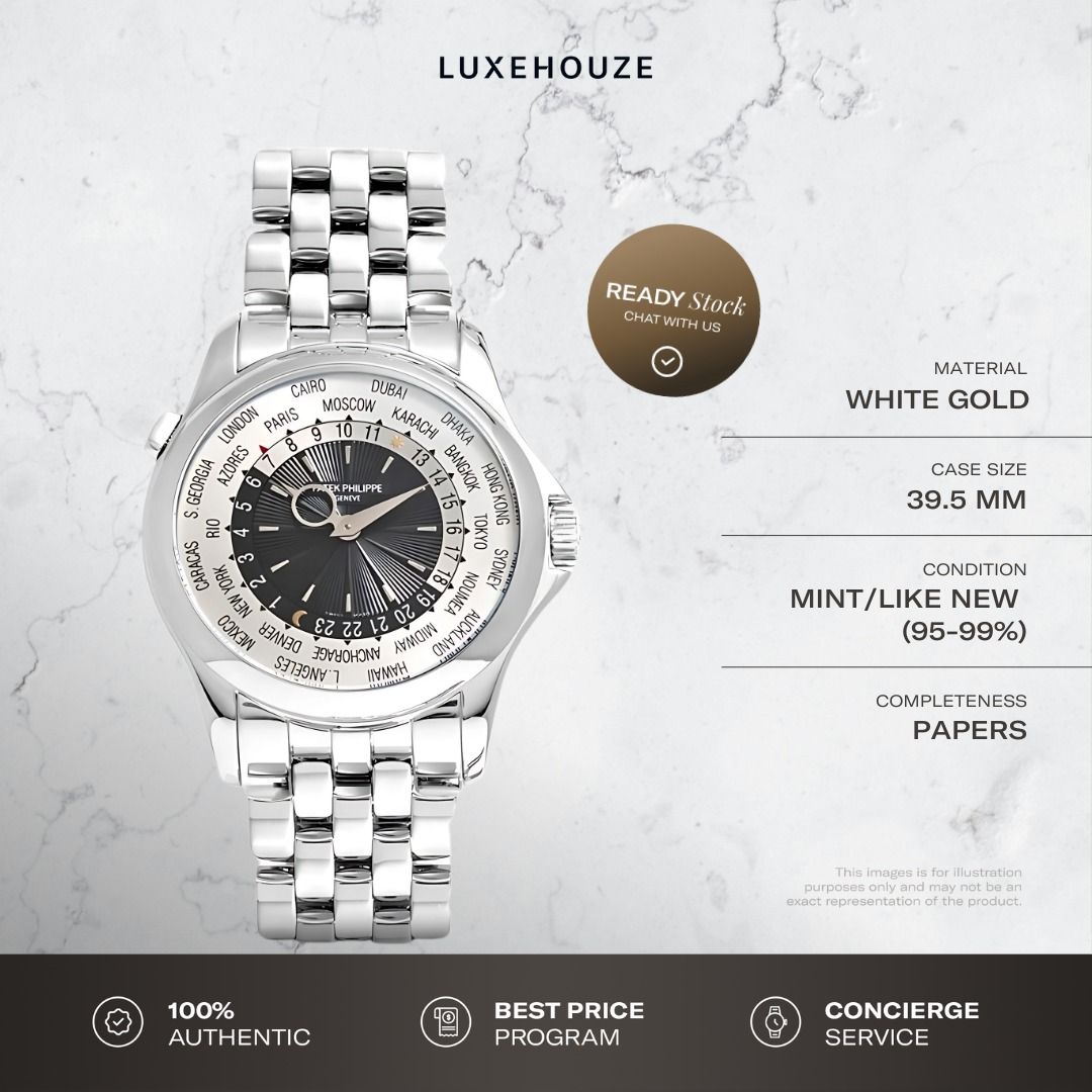 Mint 2019 Patek Philippe Complications World Time 5130/1G-011 Grey (Category: Watches) located in Singapore. Submitted by luxehouze (Listing ID 1364812501, Image 1). Description: Luxehouze is your trusted marketplace to buy and sell luxury goods. Luxehouze SG Pte Ltd is a licensed luxury goods marketplace and regulated dealer. WHY US? 100% Authentic with Money-Back Guarantee Best Price Program* Luxury Sourcing * T&Cs apply. OUR SERVICES • Watch P