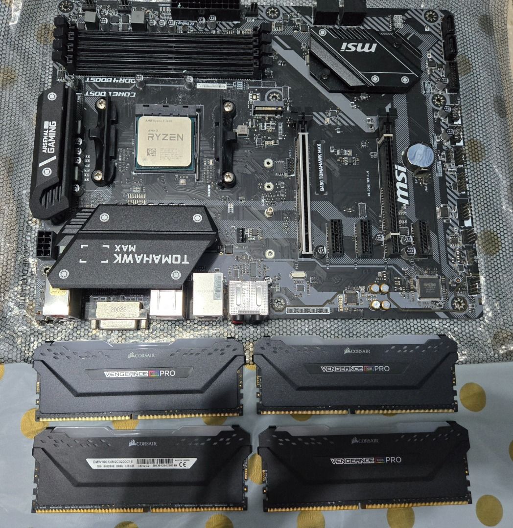 MSI Tomahawk MAX Motherboard + Corsair RAM (Category: Computer Parts) located in Singapore. Submitted by sean_neo (Listing ID 1377916280, Image 1). Description: Selling a bundle of PC components due to upgrading. Includes Following: i) B450 MSI Tomahawk MAX motherboard ii) AMD Ryzen 3600 iii) Corsair Vengeance Pro RAM sticks (8GB x 4) iv) Sapphire Pulse 5700XT graphics card. All components are in good working condition as last tested, will give 3