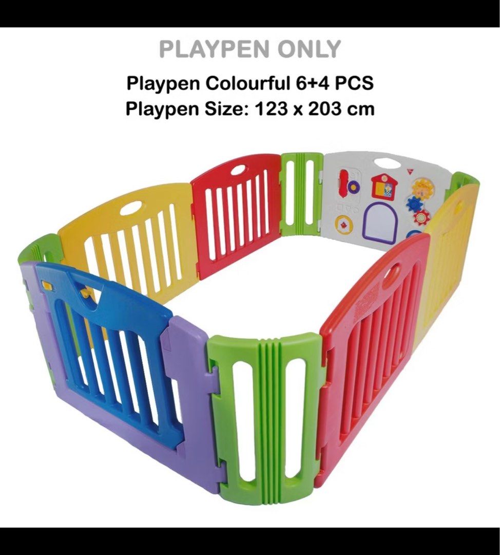 Nihon Ikuji Colorful Kids/BabyPlaypen Barrier (Category: Infant Playtime) located in Singapore. Submitted by blvckxmarket (Listing ID 1377764318, Image 1). Description: Colorful playpen for babies and toddlers. Includes 6+4 pieces, offering a spacious and safe play area. Dimensions are 123 x 203 cm. Easy to assemble and clean. Perfect for indoor or outdoor use..