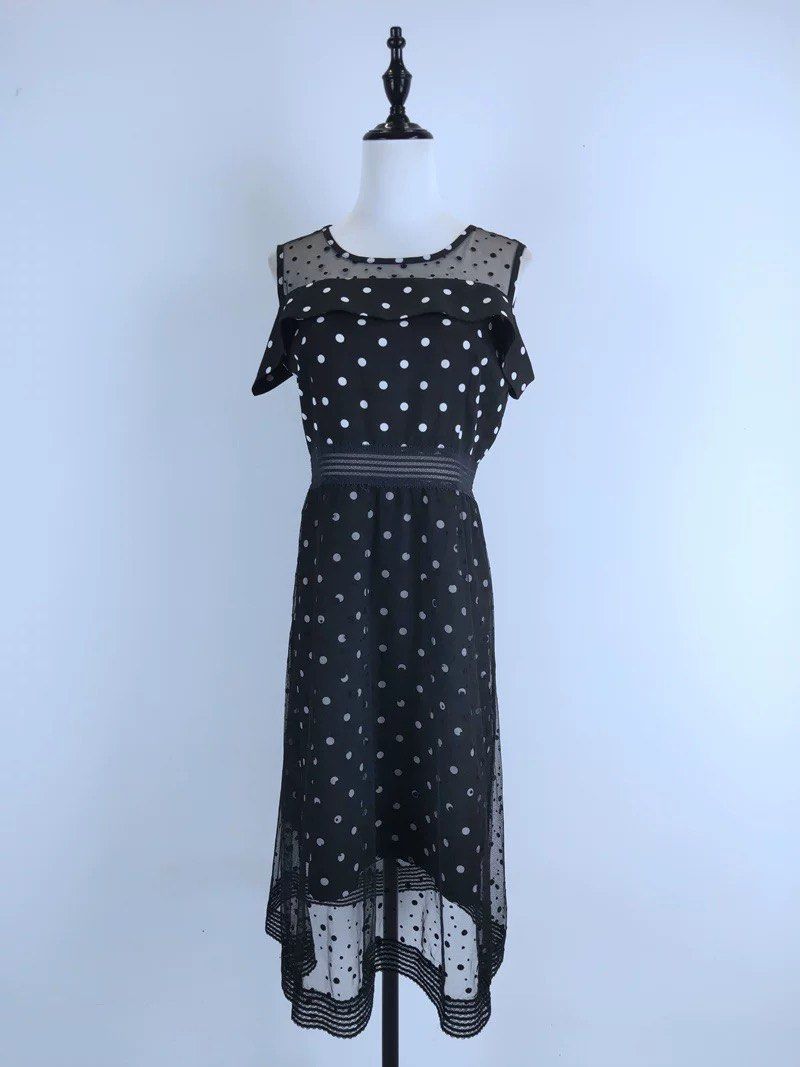 Polka Dot Dress - Black (Category: Dresses) located in Singapore. Submitted by may90s (Listing ID 1377845796, Image 1). Description: choose to buy any 5 to get 1 free Elegant black dress with white polka dots. Features a sheer overlay and a unique shoulder design. The dress has a fitted waist and a flowing skirt. Perfect for a special occasion or a night out. In excellent condition..