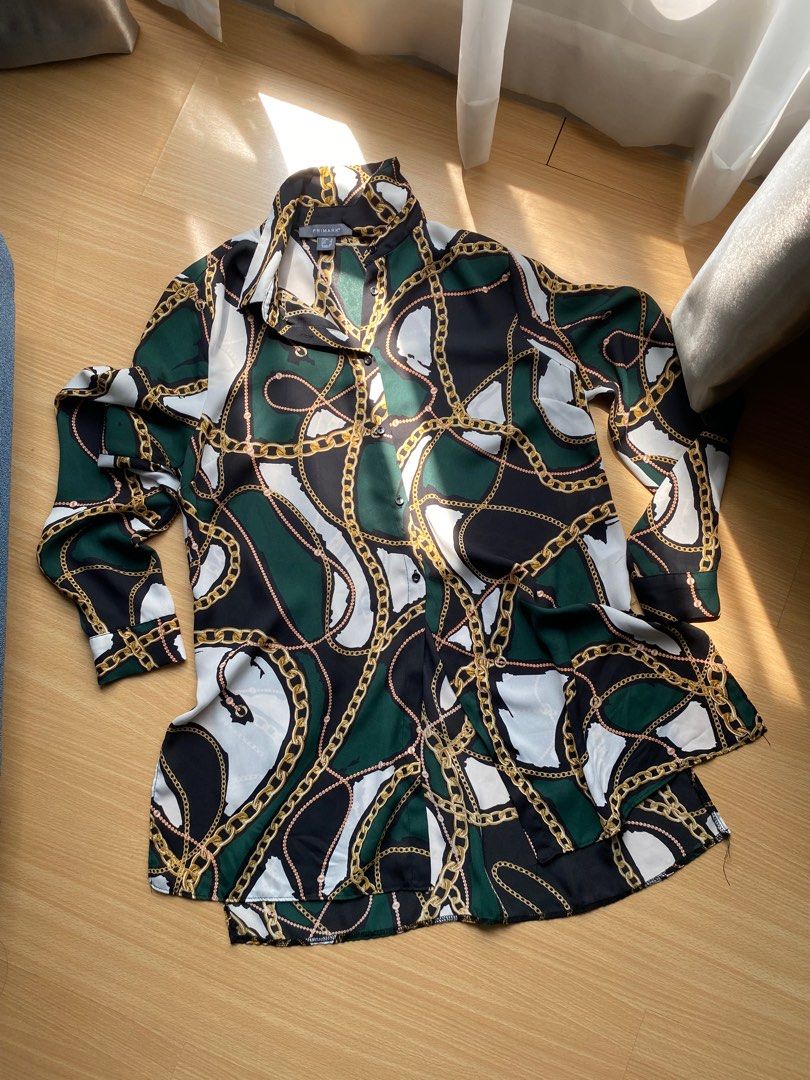 Primark Green Gold Chain Button Down Shirt (Category: Blouses) located in Quezon City. Submitted by Locker101 (Listing ID 1377890985, Image 1). Description: Used only a few times. Fots up to Medium Very lightweight Bought in London.