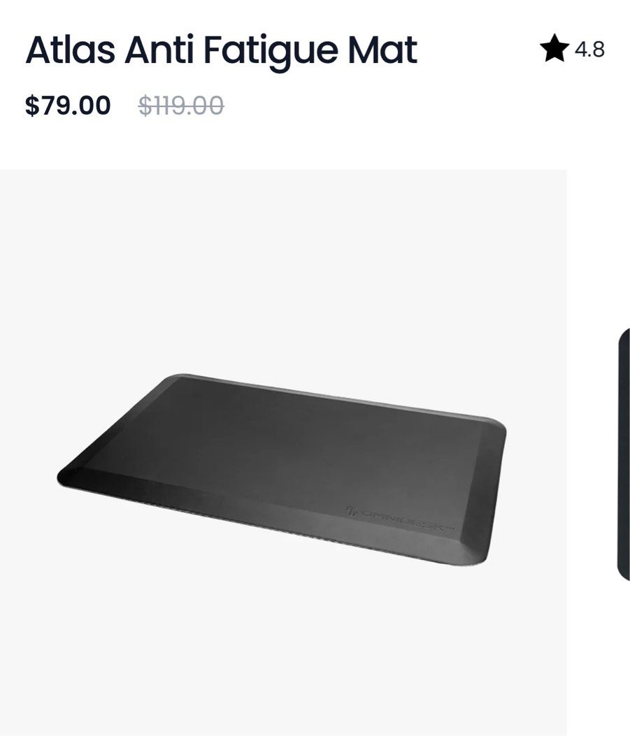 SALE!! Lightly used Omnidesk Atlas Anti Fatigue Mat (Category: Other Accessories) located in Singapore. Submitted by thechildofgod (Listing ID 1377809092, Image 1). Description: RTP $79 Dimensions: 100cm(Length) x 51.5cm(Breadth) x 1.9cm(Height) Key Features Non-Slip Bottom: Ensures stability and prevents slipping. Anti-Fatigue Gel: Reduces strain from prolonged standing. Beveled Edges: Designed to prevent accidents and enhance safety..