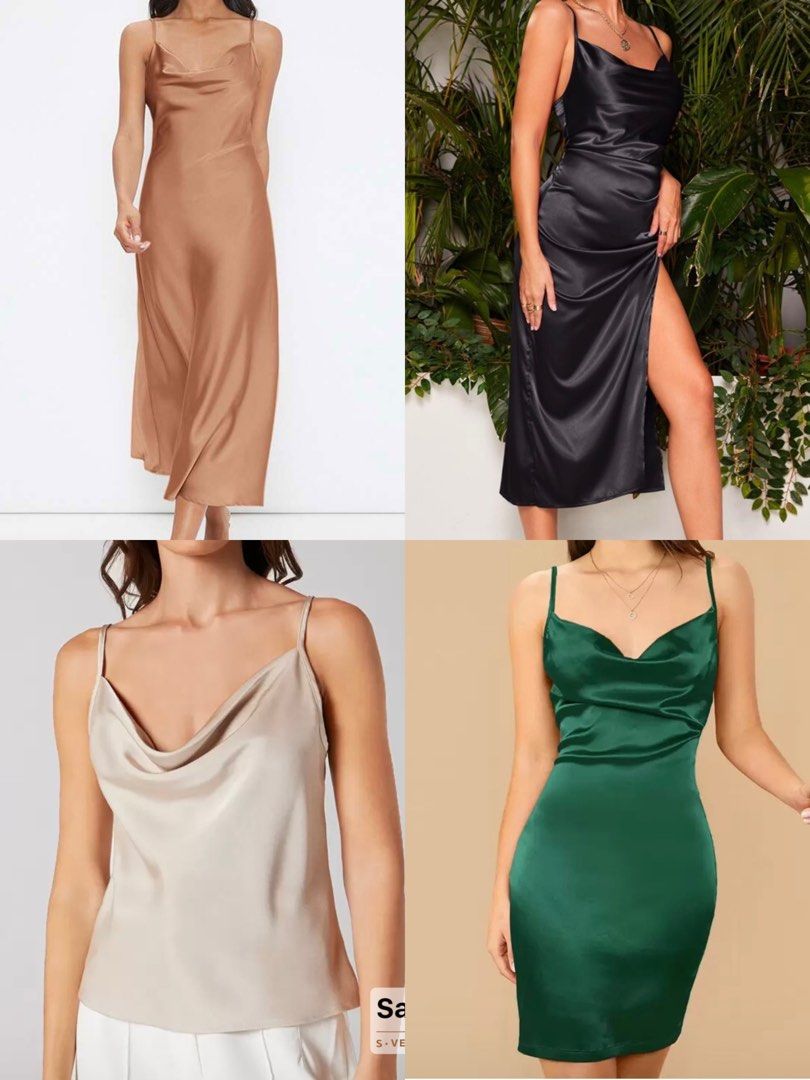 Satin Mini and Midi Dress Set (Category: Dresses) located in Las Pinas. Submitted by henlins (Listing ID 1377803982, Image 1). Description: Satin Dress Set This set includes: (1) Black Satin Rutched Midi Dress with Slit (1) Peach Satin Midi Dress (1) Green Satin Mini Dress (1) Beige Satin Cowl Neck Top + Will include 1 light baby pink satin maxi skirt as a freebie! - No when worns - All like new, haven't worn outside - All are size XS on their ta