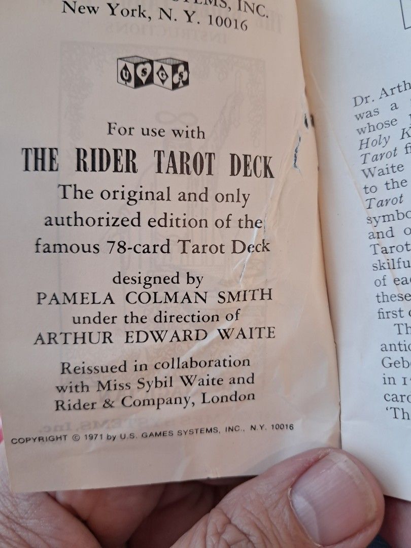 The rider tarot deck 1971 (Category: Vintage Collectibles) located in Davao. Submitted by rbjuvyreyn18879 (Listing ID 1377799324, Image 2). Description: original with manual..complete with box 78 pcs.. plus 2 pcs blank.. very good condition...