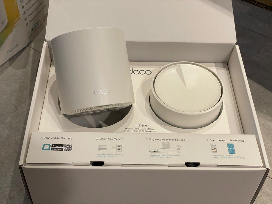 TP-Link Deco AX1800 Whole Home Mesh Wi-Fi 6 System (Category: Networking) located in Singapore. Submitted by m6xjp6 (Listing ID 1377944179, Image 3). Description: TP-Link Deco AX1800 Wi-Fi 6 mesh system with box. Condition like new. Provides superior Wi-Fi coverage for up to 4,000 sq. ft. and supports over 150 devices. Easy setup via the Deco app. Includes two units..