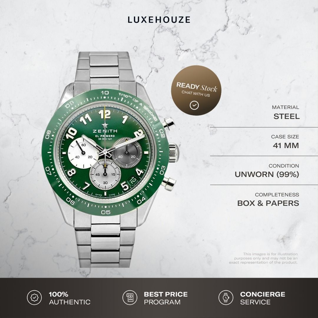 Unworn Nov 2023 Zenith Chronomaster Sport Aaron Rodgers 03.3117.3600/56.M3100 Green (Category: Watches) located in Singapore. Submitted by luxehouze (Listing ID 1301934463, Image 2). Description: Luxehouze is your trusted marketplace to buy and sell luxury goods. Luxehouze SG Pte Ltd is a licensed luxury goods marketplace and regulated dealer. WHY US? 100% Authentic with Money-Back Guarantee Best Price Program* Luxury Sourcing * T&Cs apply. OUR S