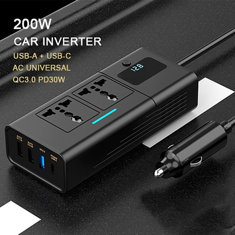 200W Car Power Inverter 12V to 220-240V AC Universal Socket USB-C USB-A QC3.0 PD Fast Charge with Digital Display63208333143169111