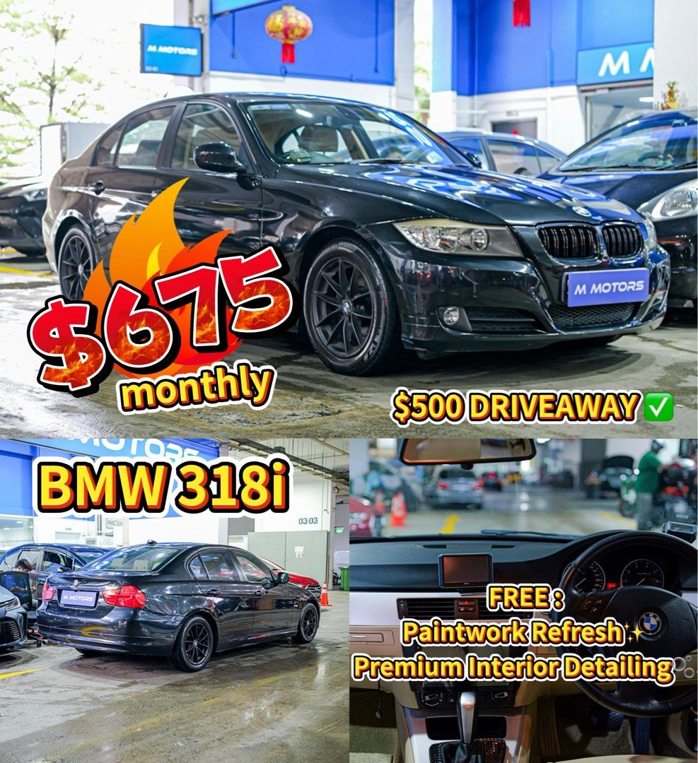 BMW 3 Series Sedan 318i (A) (Category: Used Cars) located in Singapore. Submitted by 500driveawaydeals (Listing ID 1360159496, Image 1). Description: 💙$500 Driveaway - All Cars Applicable!💙 🔹FREE INSURANCE & 1ST MONTH INSTALMENT 🔹 Same Day Loan Approval | Low Interest 1.48% Onwards BMW 318i Reg. Year 2009 | Remaining 4y 4m Bank Loan ~$675 with 30% d.p ($13K) Full Loan ~$1001 with $3588 driveaway High Loan ~$1094 with $500 driveaway (requires 