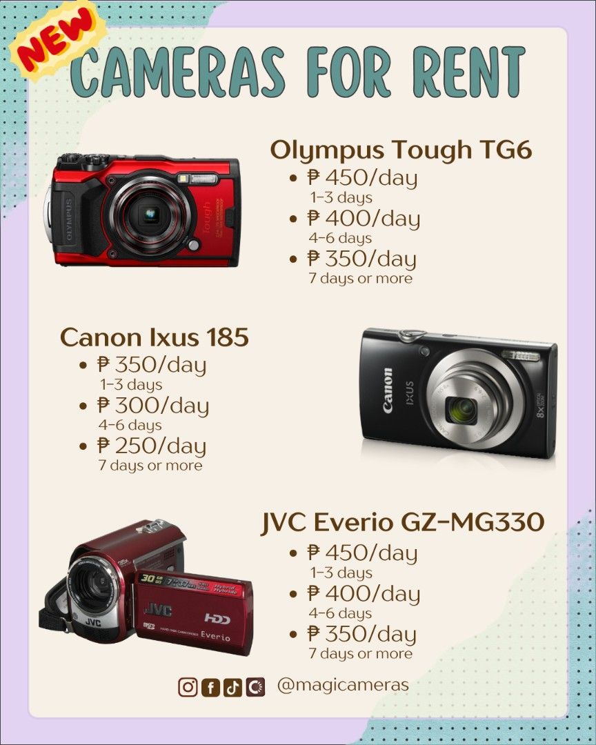 Cameras For Rent (Category: Cameras) located in Baguio. Submitted by magicameras (Listing ID 1372982723, Image 2). Description: Baguio location, please check the last picture on how to rent. Message us for more details..