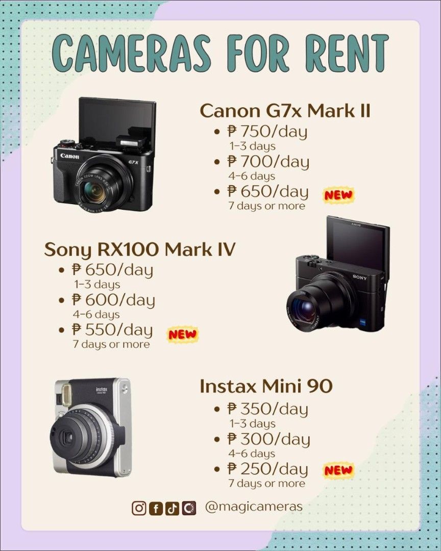 Cameras For Rent (Category: Cameras) located in Baguio. Submitted by magicameras (Listing ID 1372982723, Image 1). Description: Baguio location, please check the last picture on how to rent. Message us for more details..