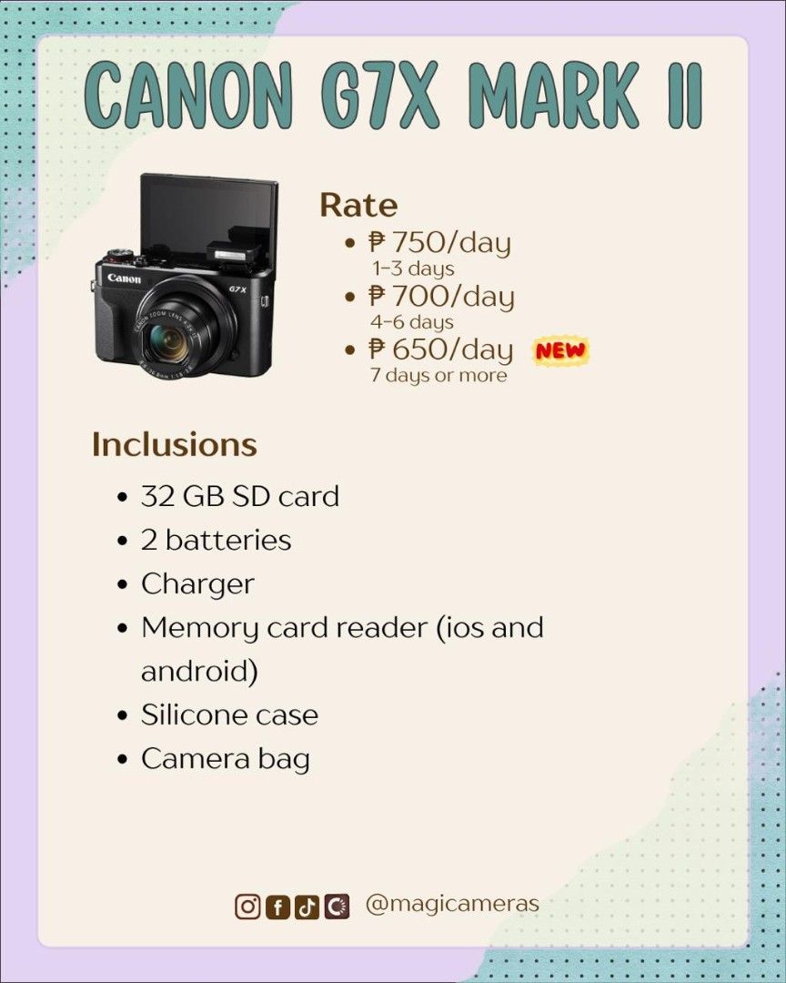 Cameras For Rent (Category: Cameras) located in Baguio. Submitted by magicameras (Listing ID 1372982723, Image 3). Description: Baguio location, please check the last picture on how to rent. Message us for more details..