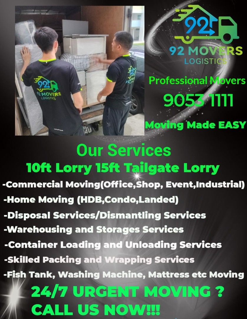 Cheapest house moving movers fast efficient renovation free boxes delivery dismantling disposal 14ft 10ft lorry manpower residential commercial mover bed frame bulk items Singapore sg immediate urgent storage (Category: House Moving) located in Singapore. Submitted by 92movers (Listing ID 1373022613, Image 1). Description: Your Load, Our Worries Your Moves, Our commitment 🚛 Our Services ⭐ Residential Moves ⭐ Commercial Relocation ⭐ Events Setup 