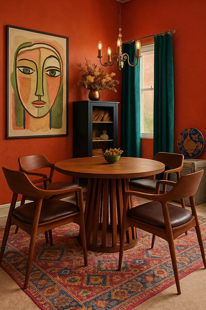 Dining set (Category: Tables & Sets) located in Singapore. Submitted by sapphfireee (Listing ID 1371303383, Image 1). Description: First photo is AI generated, inserting our table into a different interior design Custom made from Rooma in 2021 Table Diameter: 120CM Height: 76.5CM Some scratches and watermarks on the table, can be revarnished / repolished and will look brand new! 4 chairs included No defects on the chairs except the detachable lea