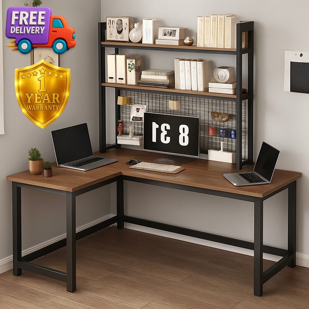 [FREE DELIVERY] L Shaped Desk With Shelf | Corner Study Table With ...