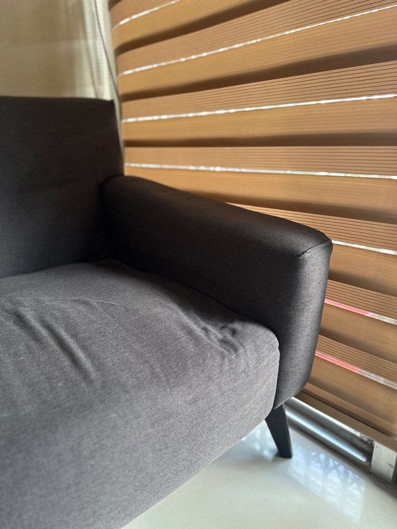 Gray sofa bed (Category: Sofas) located in Cavite. Submitted by prelovedbymaeve (Listing ID 1372863656, Image 3). Description: Flaw: may nakalubog na sa gilid.
