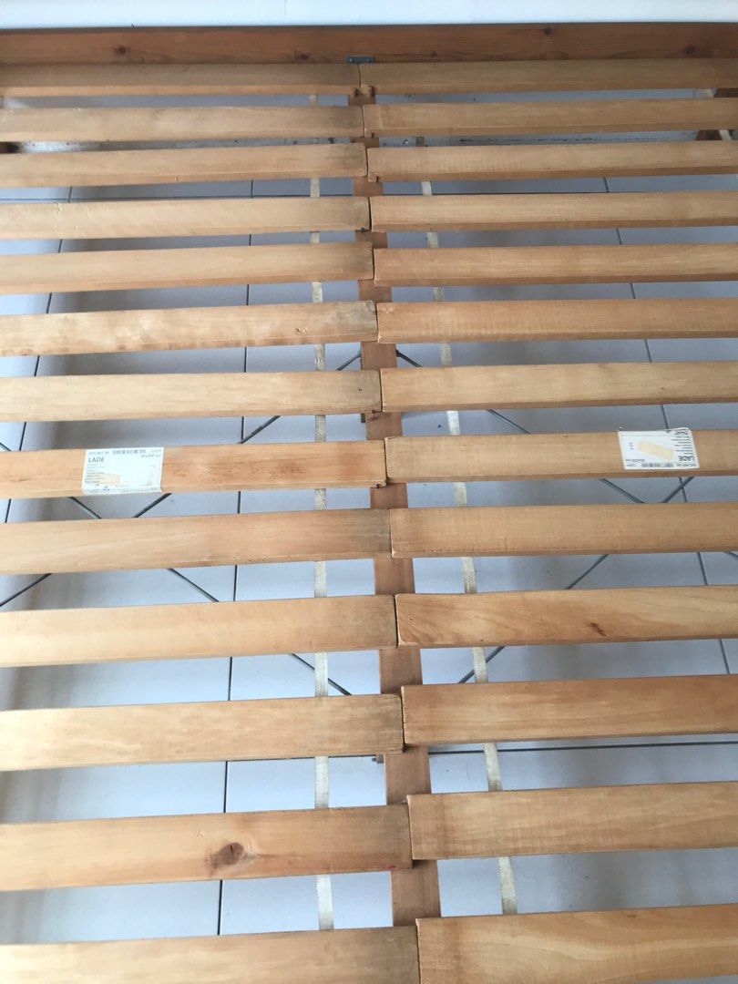 Ikea Antique Solid Pine Queen Size Bed Frames (Category: Bed Frames & Mattresses) located in Singapore. Submitted by rickyarosa (Listing ID 1372870049, Image 3). Description: Well used, good condition. Frame size 169x210.5cm for mattress size 160x200cm. Come with 2x Lade 80x200cm slatted bed base and full set screws and fitting. Arrange your own transport and movers, bed frame is fully disassembled and ready for collection. Disclaimer 1 - Actual 