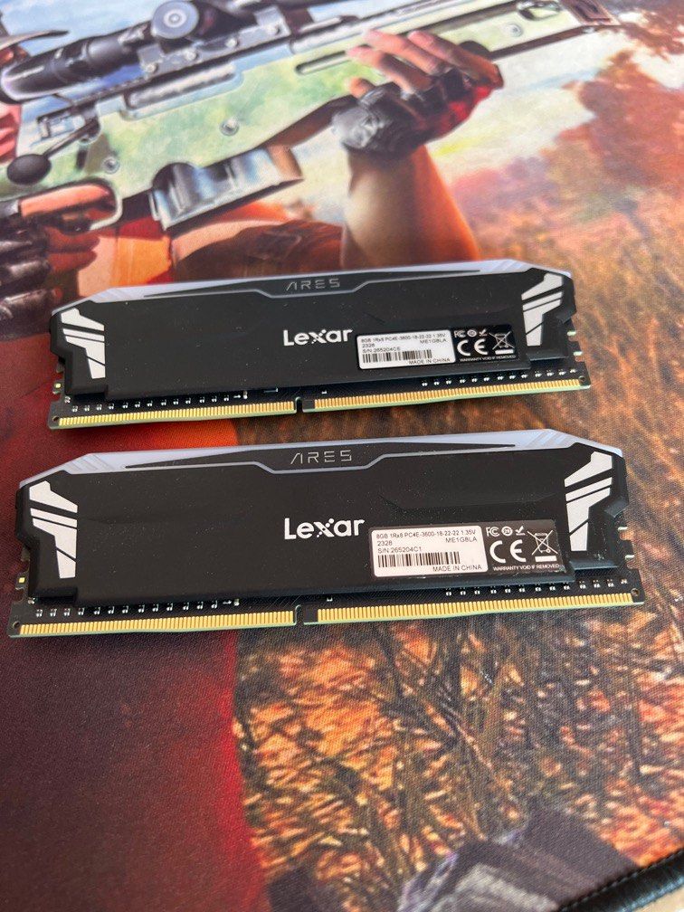 Lexar DDR4 RAM 3600MHz (Category: Computer Parts) located in Singapore. Submitted by laviacker (Listing ID 1372909043, Image 1). Description: Lexar RAM DDR4 3600MHz 16gb (8gb x2). been used for around 1.5yr, no physical damage, rgb working well, XMP stable. doesnt come with box but is in good condition. selling because switched to ddr5.