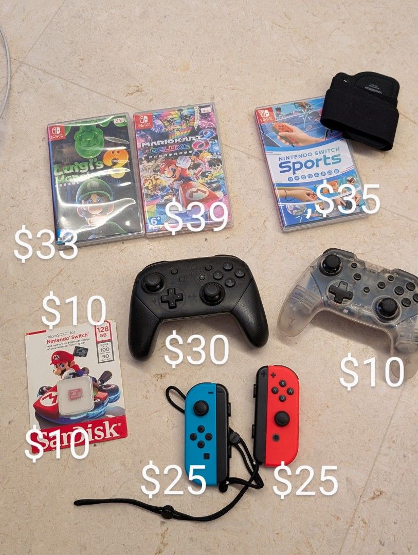 Nintendo Switch Luigi's mansion 3 super Mario kart deluxe 8 switch sports nintendo joycon switch controller blue red pro controller nyko micro SD card 128 gb (Category: Nintendo) located in Singapore. Submitted by kingking2000000 (Listing ID 1373023791, Image 2). Description: switch items. price as shown in page 2.$3 tracked postage.