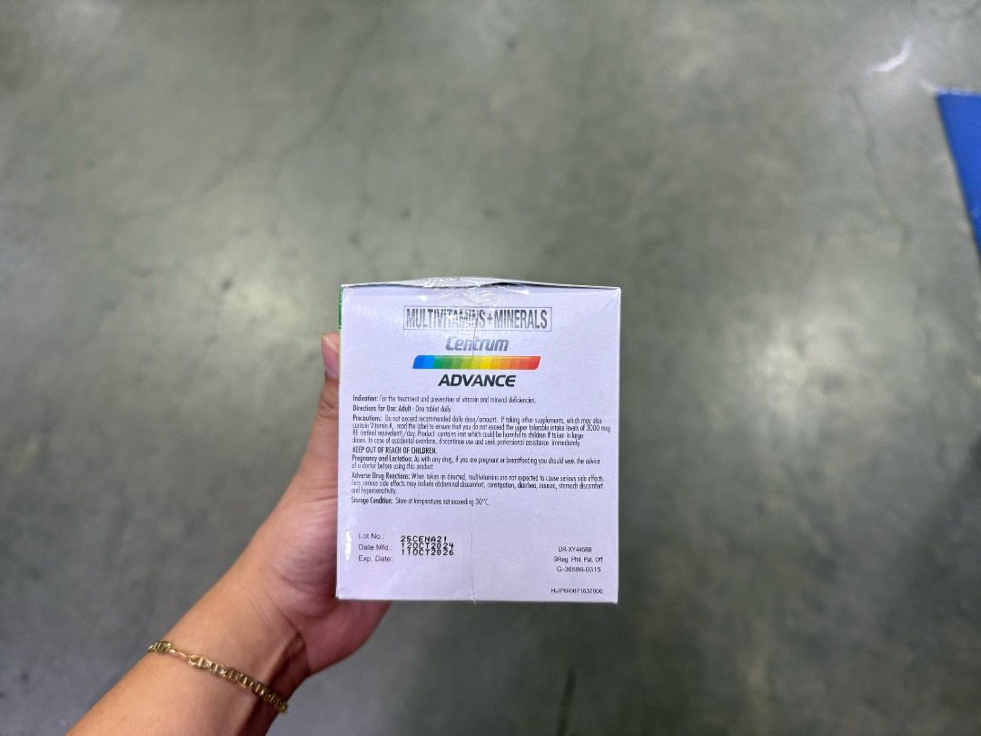 (ON HAND) Centrum Advance Multivitamins (Category: Health Food, Drinks & Tonics) located in Bacoor. Submitted by titathings_essentials (Listing ID 1373008550, Image 3). Description: Centrum Advance is a multivitamin supplement that aims to bridge nutritional gaps and support various aspects of health. It's designed to be taken daily and contains essential vitamins and minerals that can help boost energy, support the immune system, and contribute 