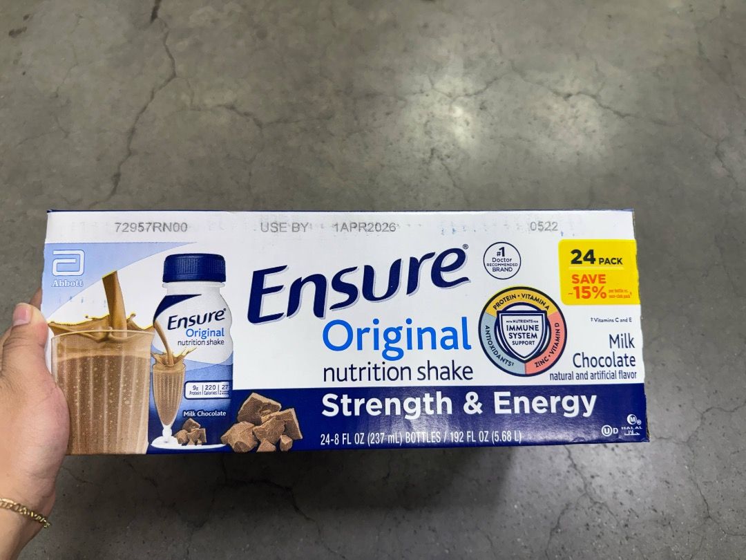 (ON HAND) Ensure Original Milk Chocolate Nutritional Shake (Category: Health Food, Drinks & Tonics) located in Bacoor. Submitted by titathings_essentials (Listing ID 1373015171, Image 3). Description: Ensure Original Milk Chocolate provides nutrients, such as vitamins A, C, D, E and zinc, to help support your immune system. These shakes are kosher, halal, and suitable for lactose intolerance. Enjoy the flavor of milk chocolate in a smooth and tas