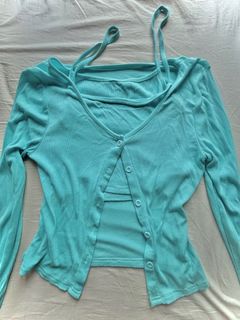 青綠色開襟針織衫及短款背心套裝64226446328449110