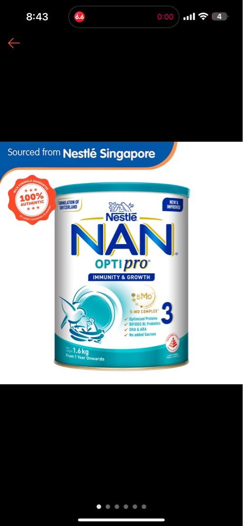 (BN) Nestle NAN Optipro Stage 3 Growing Up Milk Formula 1.6kg - From 12 Months (Category: Breastfeeding & Bottle Feeding) located in Singapore. Submitted by TB.PlusShopper (Listing ID 1373174371, Image 1). Description: 6 cans available Price listed is per can. Self Collect Take all 6 for $450..