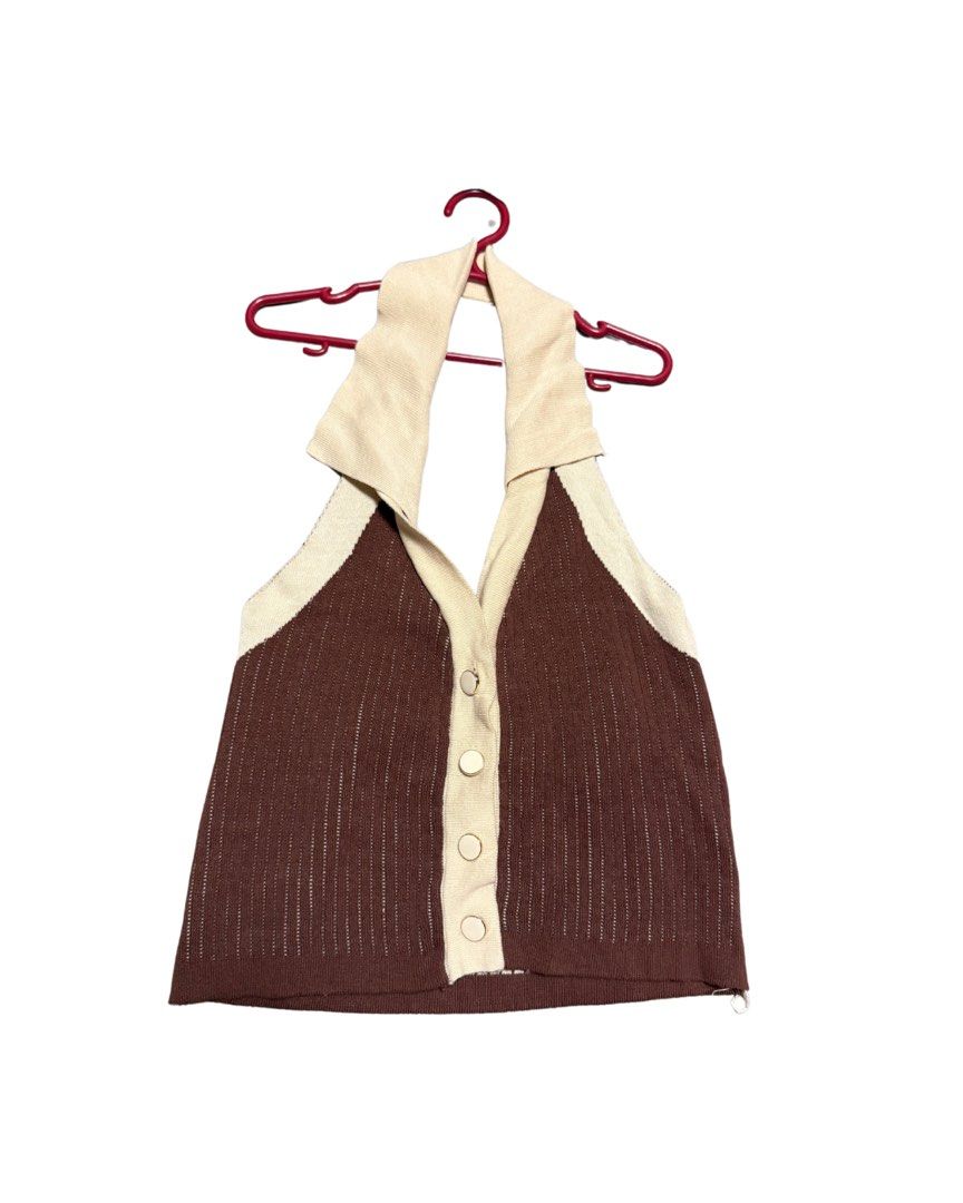brown and beige knit halter collared button top (Category: Sleeveless) located in Pasig City. Submitted by araluvsu (Listing ID 1373214751, Image 1). Description: from shoppee best fit s-m worn once mop: gcash mod: same day, jnt, lbc.