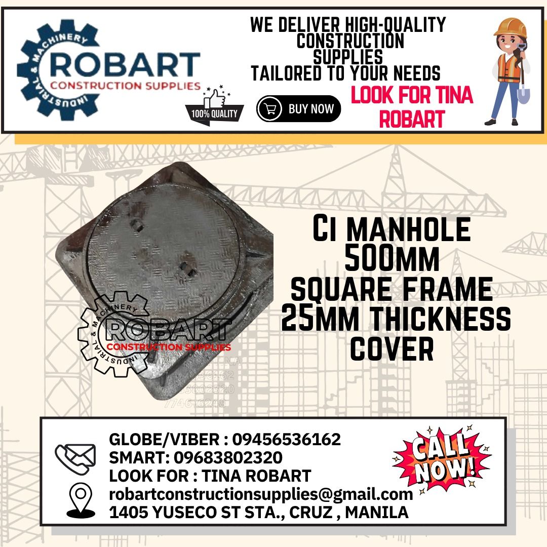 CI manhole 500mm square frame 25mm thickness cover (Category: Construction & Building Materials) located in Manila. Submitted by athena051820 (Listing ID 1373105435, Image 1). Description: CI manhole 500mm square frame 25mm thickness cover 𝑹𝑶𝑩𝑨𝑹𝑻 𝑪𝑶𝑵𝑺𝑻𝑹𝑼𝑪𝑻𝑰𝑶𝑵 𝑺𝑼𝑷𝑷𝑳𝑰𝑬𝑺 𝑶𝒇𝒇𝒊𝒄𝒆 𝑨𝒅𝒅𝒓𝒆𝒔𝒔: 𝟏𝟒𝟎𝟓 𝒀𝒖𝒔𝒆𝒄𝒐 𝑺𝒕. 𝑺𝒕𝒂 𝑪𝒓𝒖𝒛 𝑴𝒂𝒏𝒊𝒍𝒂 𝑺𝑬𝑵𝑫 𝑼𝑺 𝑴𝑬𝑺𝑺𝑨𝑮𝑬 𝑭𝑶𝑹 𝑰𝑵𝑸𝑼𝑰𝑹𝑰𝑬𝑺 ‼️ ‼️ 𝑮𝒍𝒃𝒆