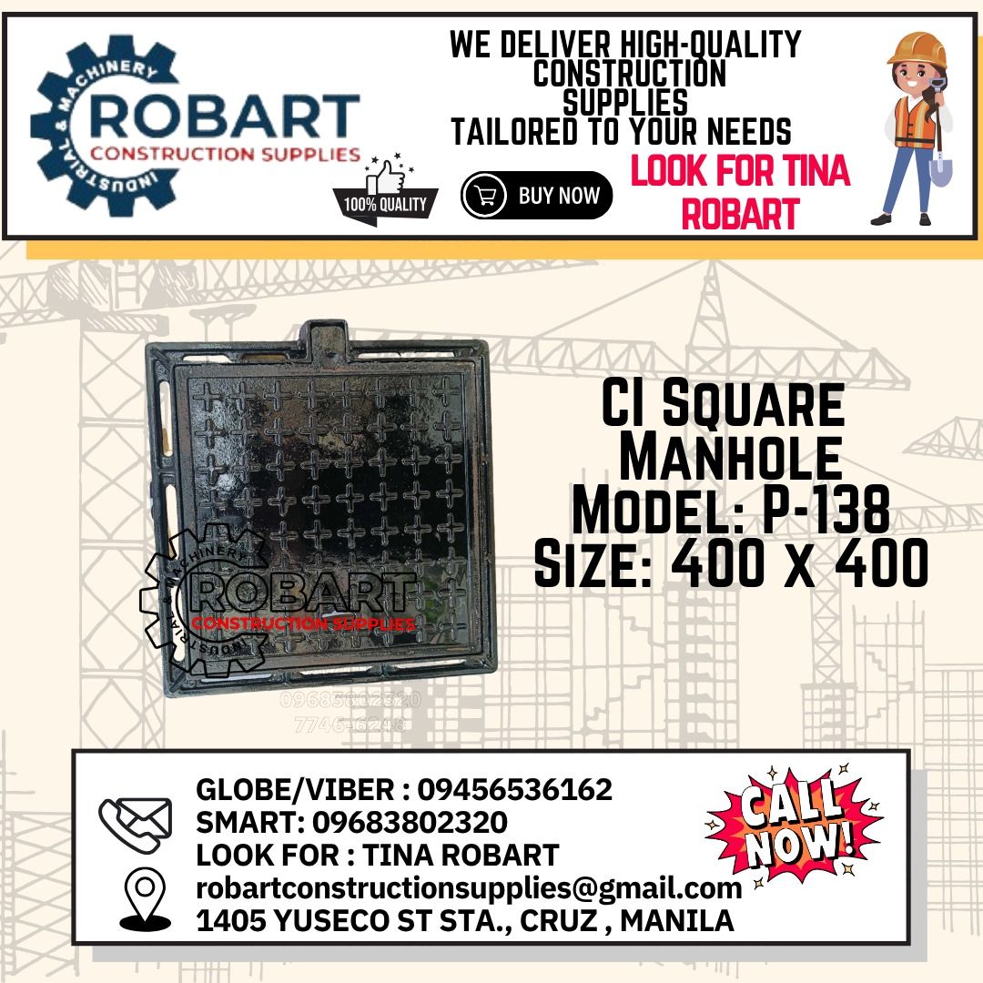 CI Square Manhole P-138 400 x 400 (Category: Construction & Building Materials) located in Manila. Submitted by tina.sales (Listing ID 1373102842, Image 1). Description: CI Square Manhole P-138 400 x 400 𝑹𝑶𝑩𝑨𝑹𝑻 𝑪𝑶𝑵𝑺𝑻𝑹𝑼𝑪𝑻𝑰𝑶𝑵 𝑺𝑼𝑷𝑷𝑳𝑰𝑬𝑺 𝑶𝒇𝒇𝒊𝒄𝒆 𝑨𝒅𝒅𝒓𝒆𝒔𝒔: 𝟏𝟒𝟎𝟓 𝒀𝒖𝒔𝒆𝒄𝒐 𝑺𝒕. 𝑺𝒕𝒂 𝑪𝒓𝒖𝒛 𝑴𝒂𝒏𝒊𝒍𝒂 𝑺𝑬𝑵𝑫 𝑼𝑺 𝑴𝑬𝑺𝑺𝑨𝑮𝑬 𝑭𝑶𝑹 𝑰𝑵𝑸𝑼𝑰𝑹𝑰𝑬𝑺 ‼️ ‼️ 𝑮𝒍𝒃𝒆 - (𝟢𝟫𝟒𝟓-𝟔𝟓𝟑-𝟔𝟏𝟔𝟐) 𝑻.𝑴.