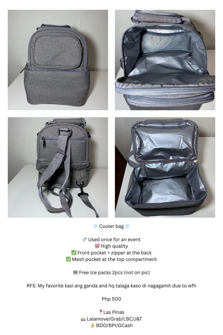 Cooler bag (Category: Breastfeeding & Bottle Feeding) located in Las Pinas. Submitted by janajorelle (Listing ID 1373219366, Image 1). Description: 🍼 Used once for an event 💯 High quality ✅ Front pocket + zipper at the back ✅ Mesh pocket at the top compartment 🆓 Free Ice packs 2pcs RFS: My favorite kasi ang ganda talaga kaso di nagagamit, kasama ko lagi baby ko.