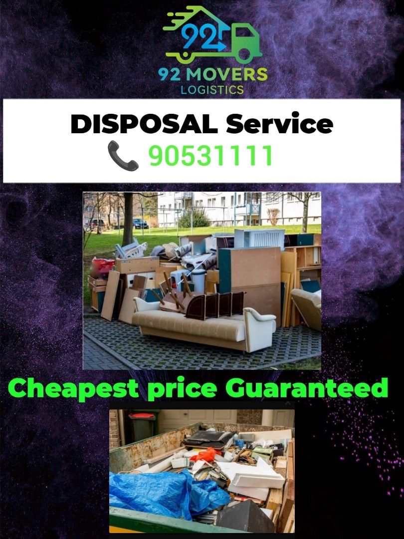 Disposal mover movers storage bulky items dispose furniture mattress bed frames cabinet wardrobe fridge refrigerator washing machine fish tank equipment garbage renovation waste manpower storage (Category: Disposal Services) located in Singapore. Submitted by 92movers (Listing ID 1373024159, Image 1). Description: Your Load, Our Worries Your Moves, Our commitment Professional Disposal Services: Accepts all bulky items residential or commercial di