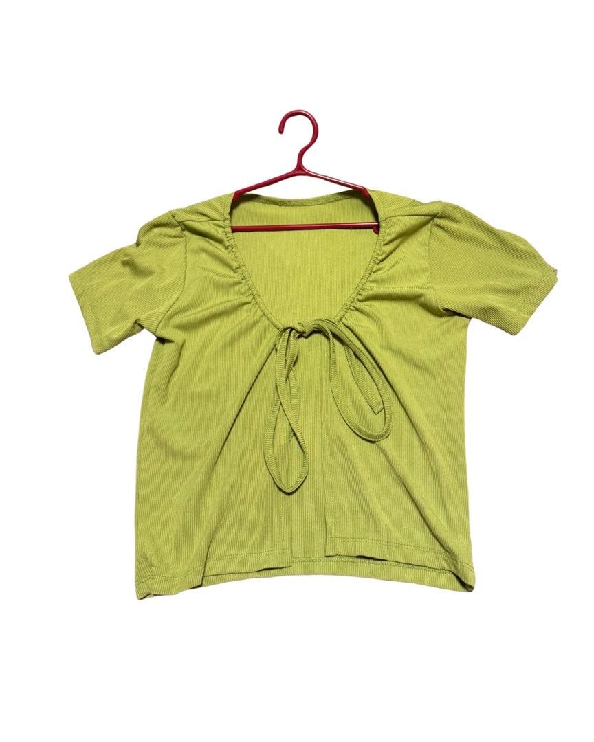 green shirt tie front cover up (Category: Blouses) located in Pasig City. Submitted by araluvsu (Listing ID 1373213552, Image 1). Description: thrifted best fit s-m worn once mop: gcash mod: same day, jnt, lbc.