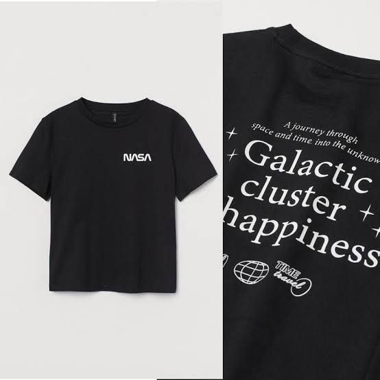 h&m black nasa tee shirt top (Category: Shirts) located in Pasig City. Submitted by araluvsu (Listing ID 1373214321, Image 2). Description: best fit xs-s (xs on tag) worn once mop: gcash mod: same day, jnt, lbc.