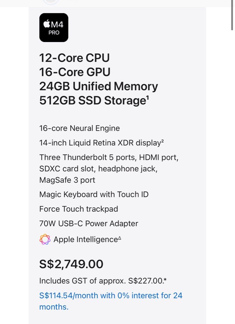 MacBook Pro “ M4 Pro “ “ 2025 Model ” “UNOPENED BNIB” (Category: Laptops & Notebooks) located in Singapore. Submitted by chemistjohnlong (Listing ID 1373182931, Image 2). Description: BRANDNEW UNOPENED FACTORY SEALED 16-core Neural Engine 14-inch Liquid Retina XDR display² Three “Thunderbolt 5 ports”, HDMI port, SDXC card slot, headphone jack, MagSafe 3 port Magic Keyboard with Touch ID Force Touch trackpad 70W USB-C Power Adapter Apple Intellige