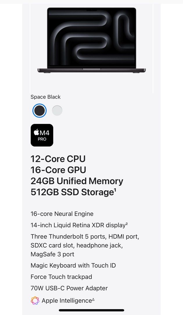 MacBook Pro “ M4 Pro “ “ 2025 Model ” “UNOPENED BNIB” (Category: Laptops & Notebooks) located in Singapore. Submitted by chemistjohnlong (Listing ID 1373182931, Image 1). Description: BRANDNEW UNOPENED FACTORY SEALED 16-core Neural Engine 14-inch Liquid Retina XDR display² Three “Thunderbolt 5 ports”, HDMI port, SDXC card slot, headphone jack, MagSafe 3 port Magic Keyboard with Touch ID Force Touch trackpad 70W USB-C Power Adapter Apple Intellige
