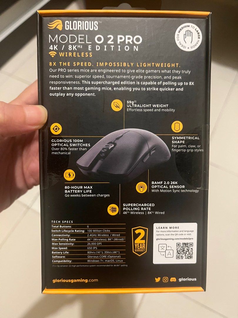 Glorious Model O 2 PRO Series Wireless Mouse 4K/8KHz Edition (Category: Mouse & Mousepads) located in Singapore. Submitted by javirus21 (Listing ID 1373188774, Image 2). Description: *Low-ballers or trade request will be ignored* BNIB Sealed. Self-collection @Admiralty. Ninjavan delivery can be arranged@ $3.50. Product info: - Ultralight 61-gram weight - Right-handed symmetrical shape - Optical switches rated for 100M clicks - Capable of polling 